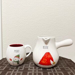 Rae Dunn BELIEVE Santa hat cocoa pot and MERRY snowman mug